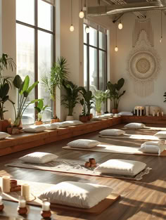 YOGA . STUDIO DESIGN . RELAX . CALMNESS . MINDFULNESS Yoga Room Setup, Yoga Studio Set Up, Natural Yoga Studio, Dream Yoga Studio, Yoga Design Interior, Bohemian Yoga Studio, Earthy Massage Room, Meditation Center Design, Yoga Shala Design