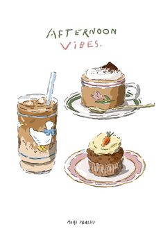 three different types of desserts on plates with the words afternoon vibes written above them