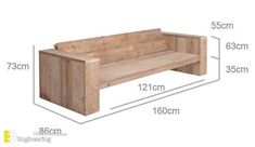 a wooden bench with measurements for it