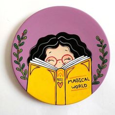 a painting of a girl reading a book with the words magic world written on it