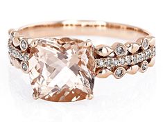 2.55ct Square Cushion Cor-De-Rosa Morganite (TM) and 0.12ctw Round White Diamond 10k Rose Gold Ring. Measures Approximately 0.84"L x 0.37"W. Morganite Wedding Rings, Rose Gold Morganite Ring, Peach Morganite, Elegant Engagement Rings, Morganite Engagement Ring, Morganite Ring, Beauty Box, Morganite, White Diamond