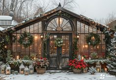 a house covered in christmas wreaths and lights