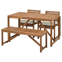 a wooden table with two benches on it and one bench is sitting at the end