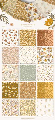 an assortment of different patterns and colors for fabric or wallpapers, including flowers