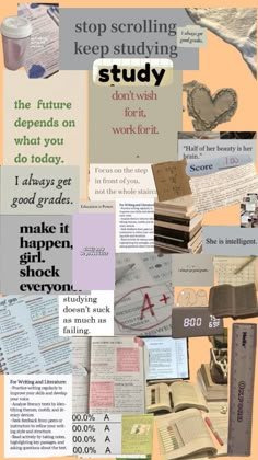 a collage of different types of papers with words and pictures on them that say stop scrolling, keep studying, study