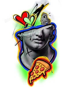 a drawing of a woman's face with a slice of pizza in front of her