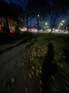 a blurry photo of the street at night with trees and buildings in the background