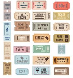 various tickets for the circus are shown in different colors and sizes, including red, white, blue, green, yellow