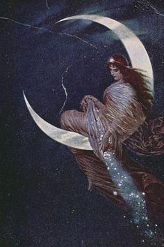 a painting of a woman sitting on the moon