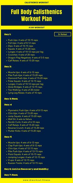 the full body calisthenies workout plan is shown in blue and yellow colors