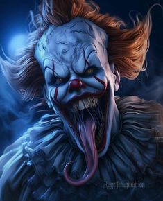 a creepy clown with his mouth open and tongue out