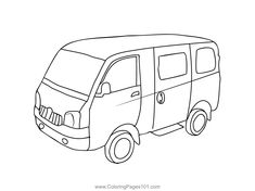 a drawing of a van that is in the middle of a line art style, it appears to be black and white