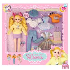 the doll is in its pink box with clothes and accessories on it's display