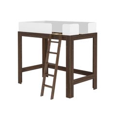 a wooden table with two stools and a ladder to the top that is white