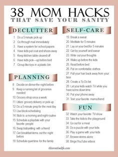 the 28 mom hacks that save your sanity list is shown in pink and gold