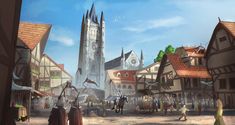 an old european town is depicted in this digital art painting, with people walking through the streets