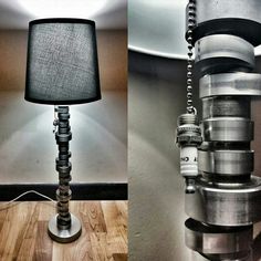 two different views of a lamp made out of pipes