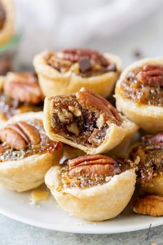 several pecan pies on a white plate