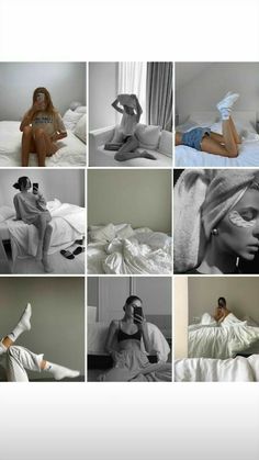 multiple images of people in bed with one woman laying on the bed