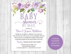 baby shower by mail with purple flowers and greenery on the front, white wood background