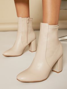 Beige Elegant Collar   Plain Classic Boots Embellished   Women Shoes Classic Boots Woman, Holiday Boots, Dressy Boots, Nude Boots, How To Wear Ankle Boots, Pointed Boots, Beige Boots, Socks And Heels, Boots Women Fashion