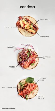 three different types of tacos on a white background with the words condessa written above them