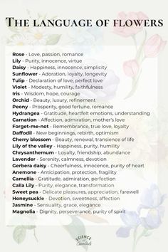 the language of flowers is written in english and spanish, along with some other words