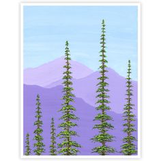 a painting of three trees in front of a purple mountain with blue sky and clouds