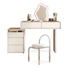 a white desk with a mirror and chair