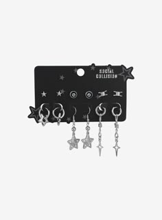 Grab this earring set featuring stars  sparkles  barb wire and 8 ball details. Hot Topic Earrings, Social Collision, Barb Wire, Star Earring, Jewelry Accessories Ideas, 8 Ball