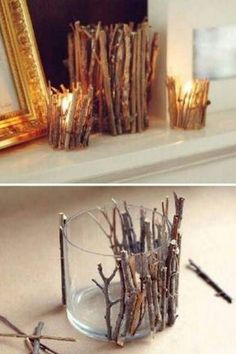 several different pictures of candles and branches in glass vases