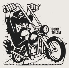 a black and white drawing of a man riding a motorcycle