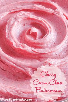 strawberry cream cheese buttercream in a bowl with the words, strawberry cream cheese buttercream