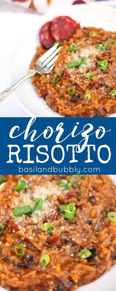 two plates with food on them and the words chorisco risotro above it