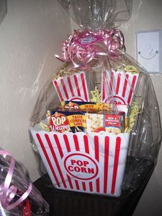 a bag filled with popcorn and candy