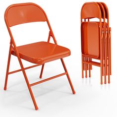 three orange folding chairs next to each other on a white background with one chair facing the camera