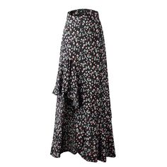 Black Elastic Waist High Low Ruffled Floral Skirt Black Asymmetrical Skirt For Spring, Black Tiered Skirt With Ruffles, Black Asymmetrical Ruffled Wrap Skirt, Black Floral Print Skirt For Summer, Black Floral Print Maxi Skirt For Spring, Spring Black Maxi Skirt With Ruffle Hem, Black Ruffled Tiered Skirt, Floral Print Non-stretch High Waist Skirt, Black Floral Print Tiered Skirt