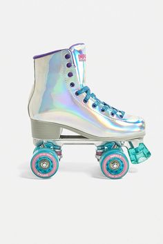 a pair of roller skates with holographic paint on the bottom and wheels