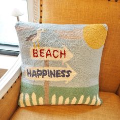 Happiness at the Beach Hooked Pillow - Girl Be Brave Needle Punch Pillow, Beach Theme Pillows, Punch Embroidery, Beachy Theme, Hooked Pillow, Arrow Sign, Pillow Dimensions, Summer Pillows, Arrow Signs