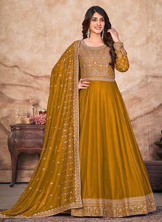 Yellow Silk Anarkali Suit Dress For Function, Long Choli Lehenga, Silk Anarkali Suits, Angrakha Style, Silk Anarkali, Anarkali Salwar, Lehenga Wedding, Anarkali Gown, Anarkali Suit