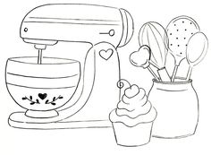 an image of a mixer and cupcakes coloring page