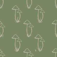 a green background with mushrooms drawn on it's sides and in the middle there is a white outline