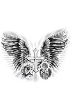 an angel and cross tattoo design on a white background