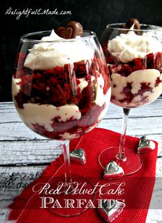 red velvet cake parfaits in wine glasses