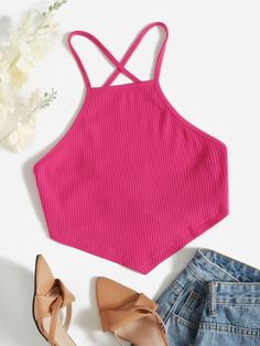 Hot Pink Sexy   Cotton Plain Cami Embellished Slight Stretch Summer Women Tops, Blouses & Tee Crop Top Swimsuit, Backless Cami Top, Hot Pink Tops, Trendy Crop Tops, Women Tank Tops, Summer Crop Tops, Pink Crop Top, Crop Top Outfits, Really Cute Outfits