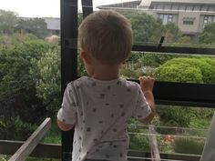 a young boy standing on top of a balcony next to a lush green forest covered hillside