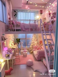 a room with bunk beds, stairs and pink rugs on the floor in front of a window