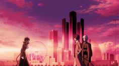 two anime characters standing in front of a cityscape with ferris wheel in the background