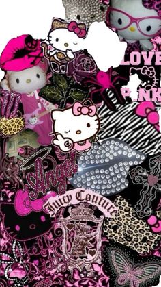 the hello kitty collage has been created with many different things in it's image