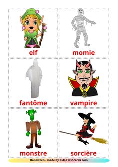 an image of different types of halloween characters in english and spanish words with pictures on them